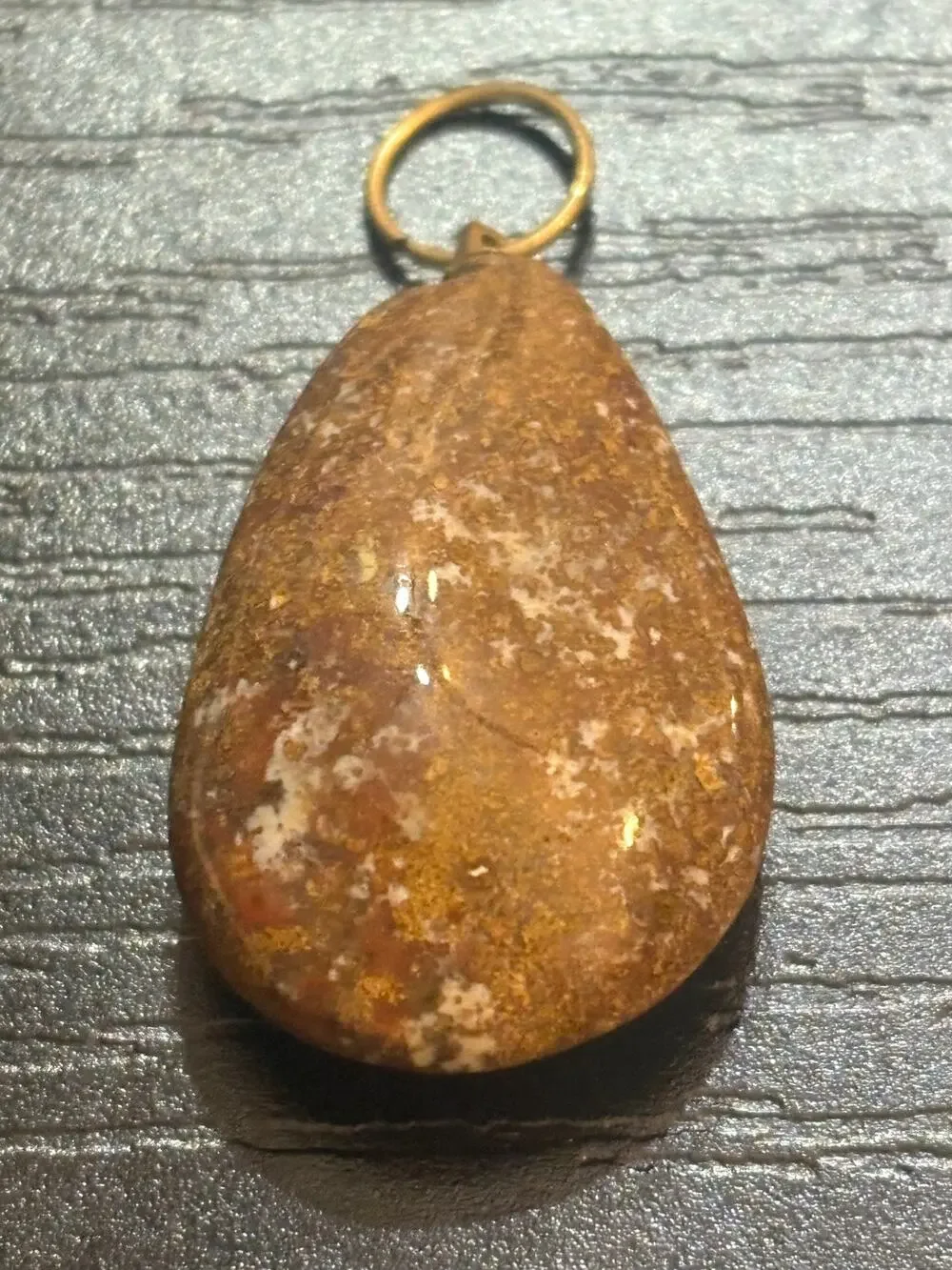 Brown Jasper Genuine Stone Teardrop Pendant Gold Tone